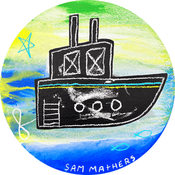 Black boat on a sun drenched ocean